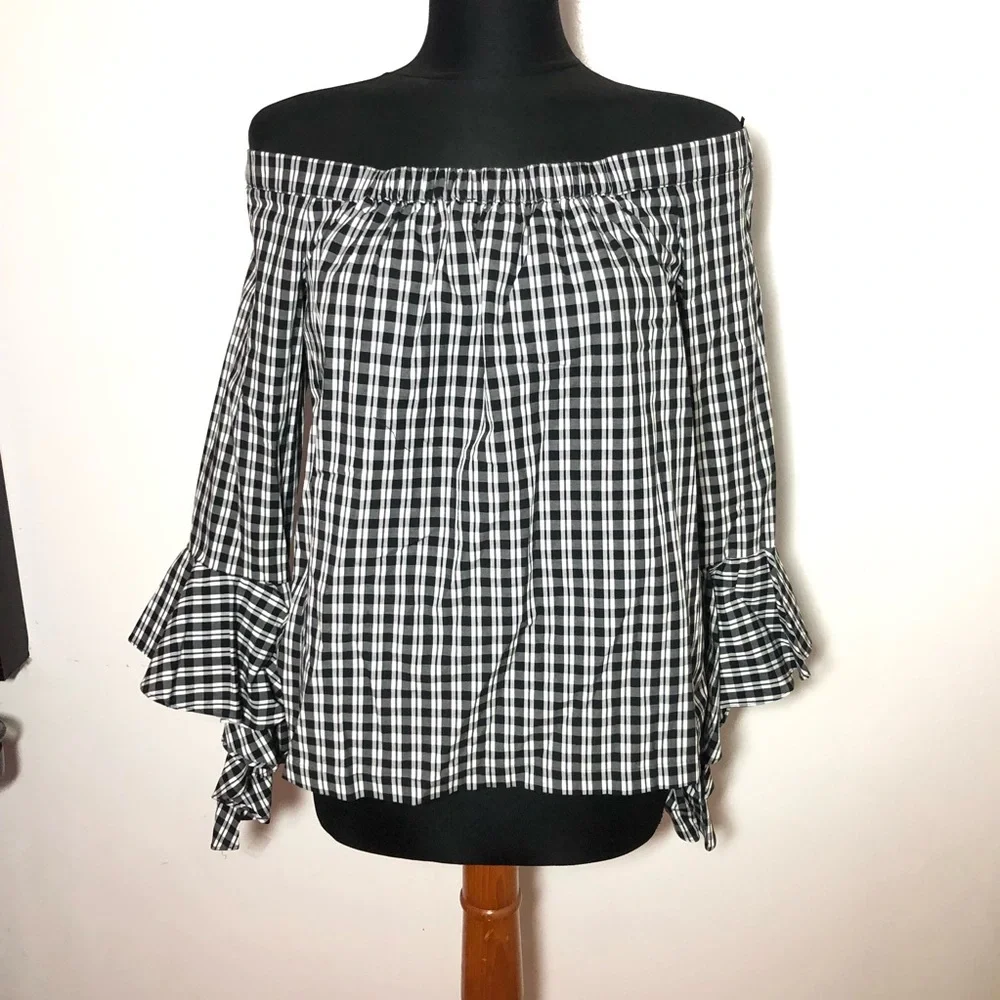 Nordstrom 1. State Off Shoulder Blouse black Checkered Size Medium Bell Sleeves - Picture 6 of 9